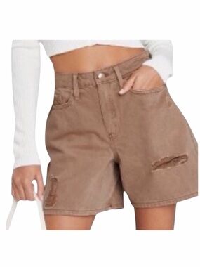 Wild Fable High Rise Mineral Dyed Distressed Bermuda Jean Shorts in Brown